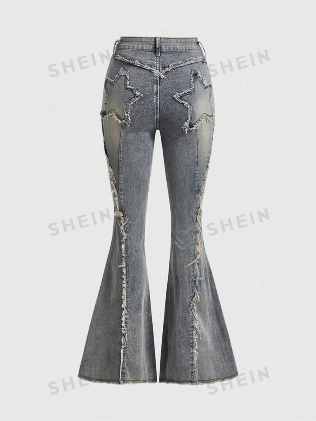 ROMWE Grunge Punk Y2k Style Street Style Tight-Fit Denim Flared Pants With Star Patches And Frayed Hems, School