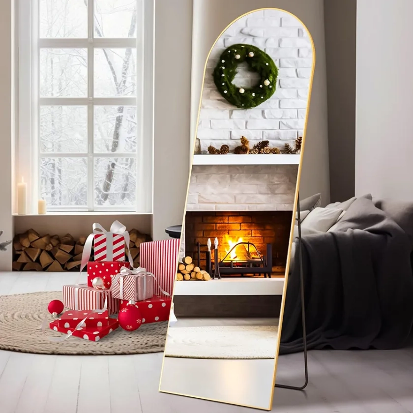 Sweetcrispy Arched Full Length Mirror 59"x16" Full Body Floor Mirror Standing Hanging or Leaning Wall, Arch Wall Mirror with Stand Aluminum Alloy Thin Frame for Bedroom Cloakroom Living Room,Gold