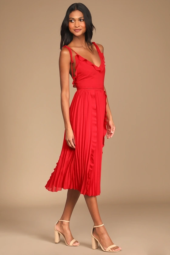 Never a Dull Moment Bright Red Tie-Strap Pleated Midi Dress