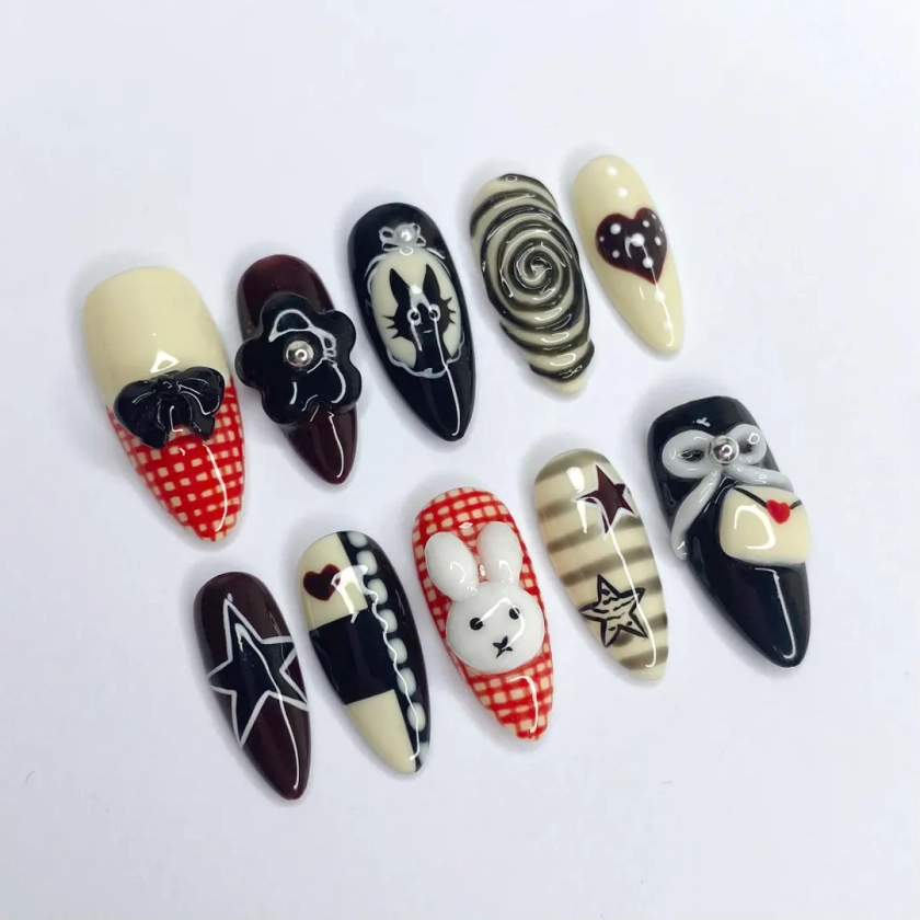 Halloween Style Press On Nails, Cat Bunny Y2k 3D Gel Design, Black Nails, Wear Nail, Long, Round, Halloween, Dark Style, Party, Gift For Her