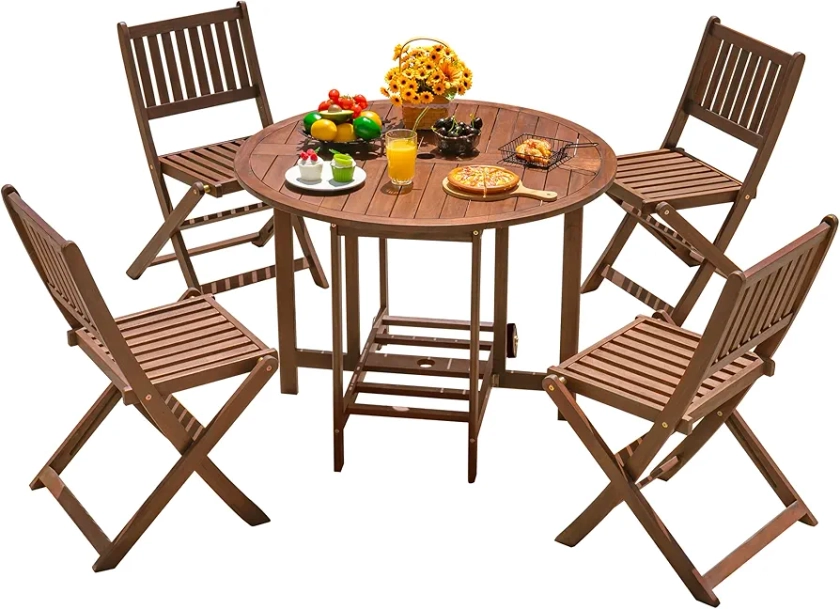 Devoko 5 PCS Patio Furniture, Patio Dining Set Acacia Wood Outdoor Table and Chairs, with 4 Folding Chairs and 37" Round Movable Table, Outdoor Dining Set for Lawn, Balcony, Garden