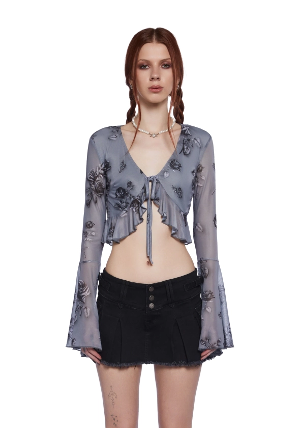 Delia's Sheer Mesh Ruffled Floral Cropped Long Sleeve Top - Gray