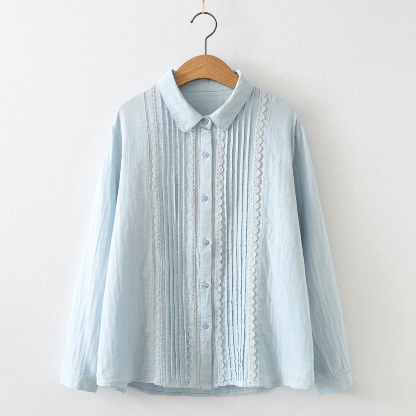Women's Pure Cotton Pleated Small Lace Shirt