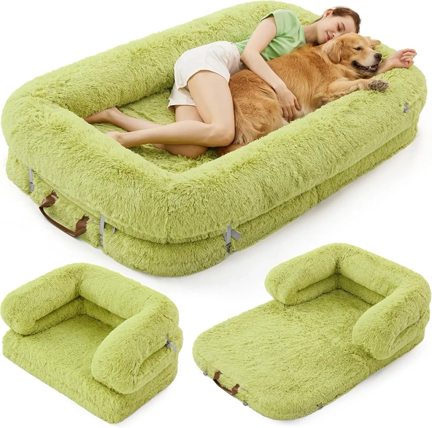 Lesure Foldable Human Dog Bed - 3 in 1 Flexible Giant Human Dog Bed for Adult People with Supportive Bolster Egg Foam, Waterproof Liner, Calming Fluffy Faux Fur Orthopedic Big Bean Bed, Green