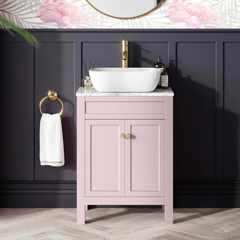 Bermuda Pink Vanity With Marble & Curved Basin 600mm - Brass Accents