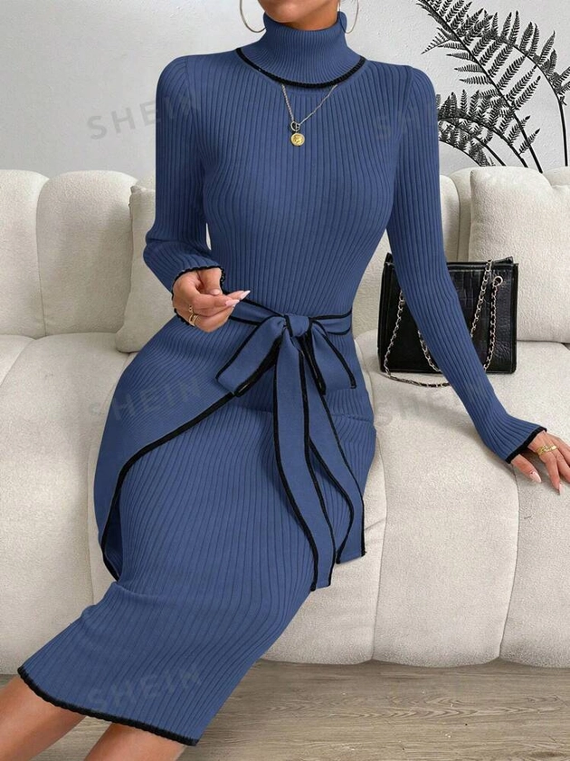 SHEIN Essnce Robe pull moulante à manches longues col roulé, avec empiècement blocs de couleurs, pour femme