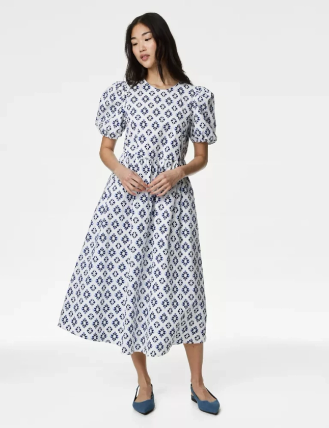 Buy Cotton Rich Printed Puff Sleeve Waisted Dress | M&S Collection | M&S