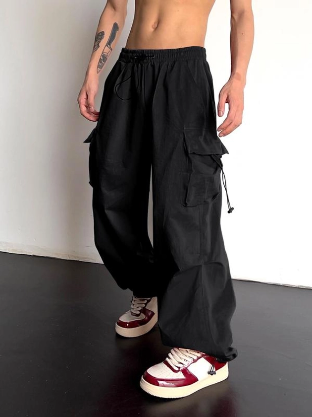 Men's Loose Y2k Pocket Drawstring Cargo Pants for Spring, Pants for Men, Street Trendy Baggy Solid Wide Leg Trousers For Men Streetwear, Men's Bottoms, Casual Menswear, Men Gifts, Men's Drippy Outfits, Going Out Outfits, Plz Purchase A Size Up