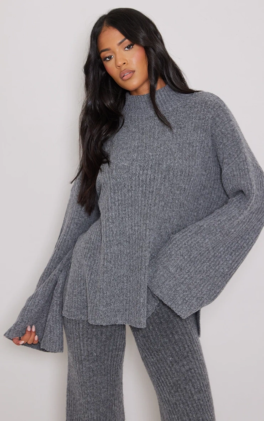 Tall Pull oversize en maille tricot gris anthracite luxe côtelée