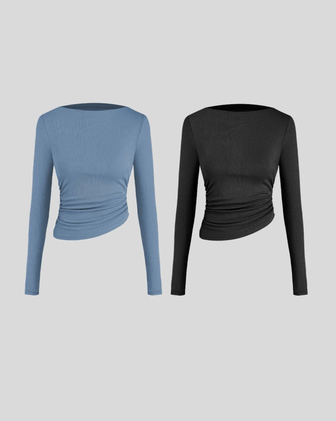 Combo :Asymmetrical Neck Ruched Long Sleeve Tee In Dusty Blue and Black
