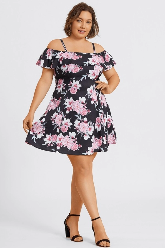 Floral Print Cold Shoulder Flutter Sleeve Midi Dress