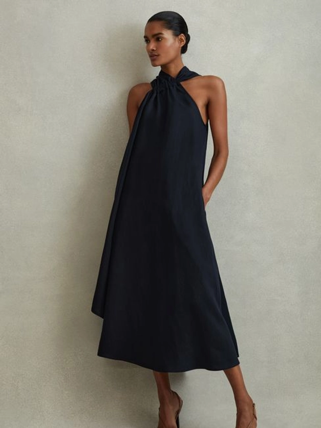 Linen Blend Drape Midi Dress in Navy - REISS