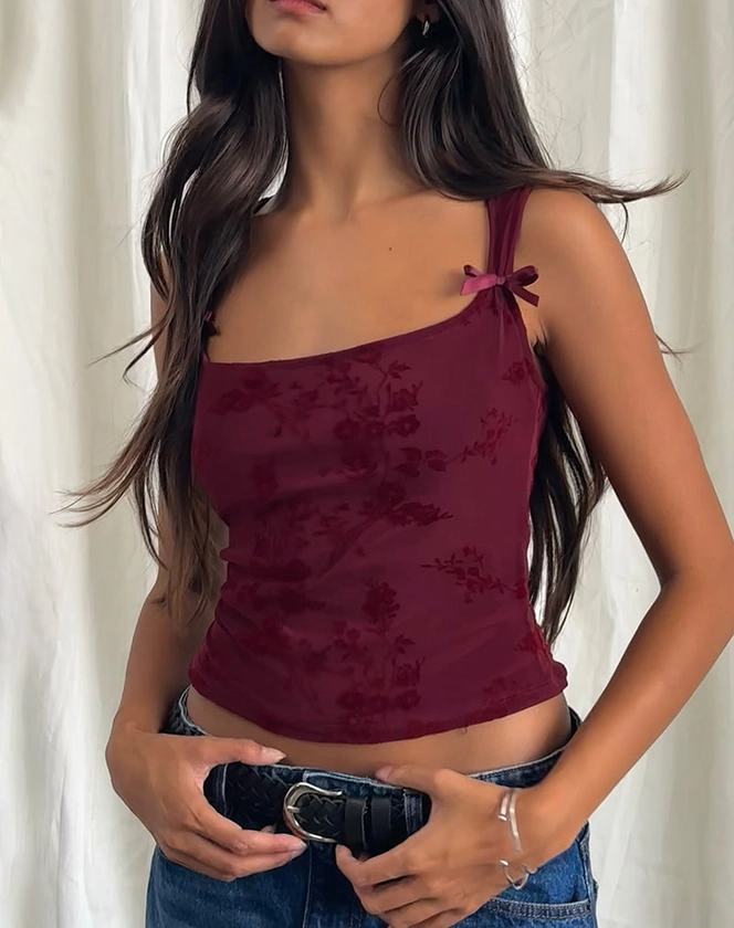 Piroli Top in Ditsy Floral Flock Burnt Maroon