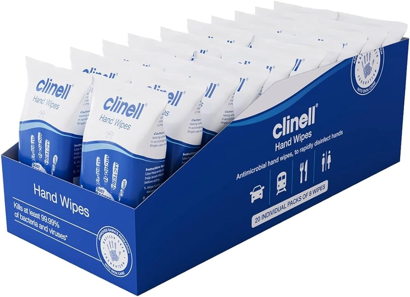 Clinell Antimicrobial Hand Wipes Ideal for Travel - 20 Packs of 8 Wipes - Dermatologically Tested, Kills 99.99% of bacteria & viruses : Amazon.co.uk: Business, Industry & Science