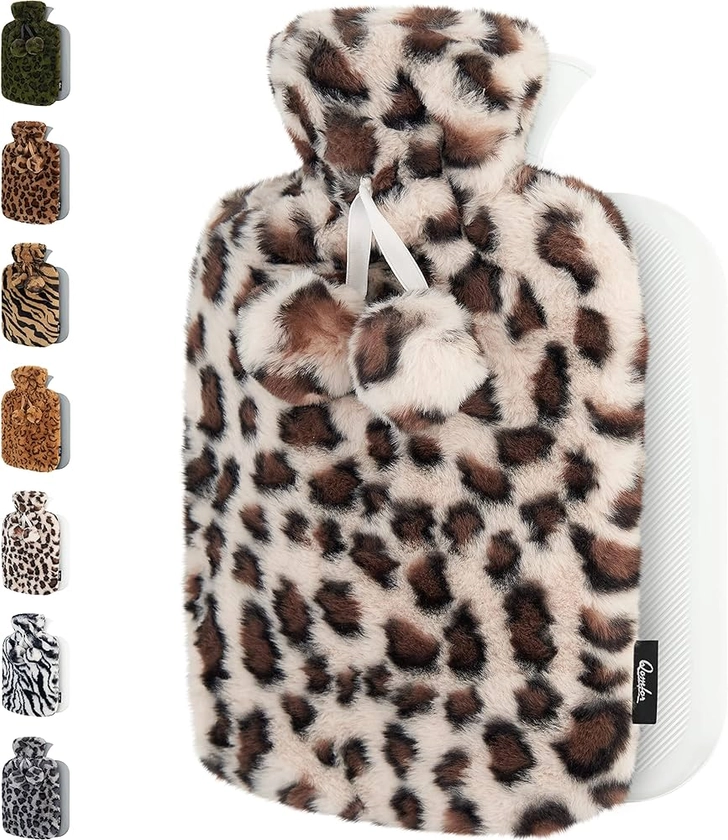 Qomfor Hot Water Bottle with Fluffy Cover - Soft Premium Faux Fur Cover - 1.8L Large Capacity - Hot Water Bag for Cosy Nights, Pain Relief, Back, Neck and Shoulders - Great Gift - Cream Leopard Print