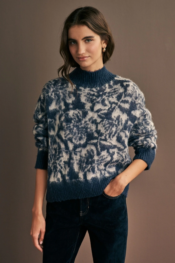 Blue Floral Soft Touch Brushed Knit Jumper with Wool