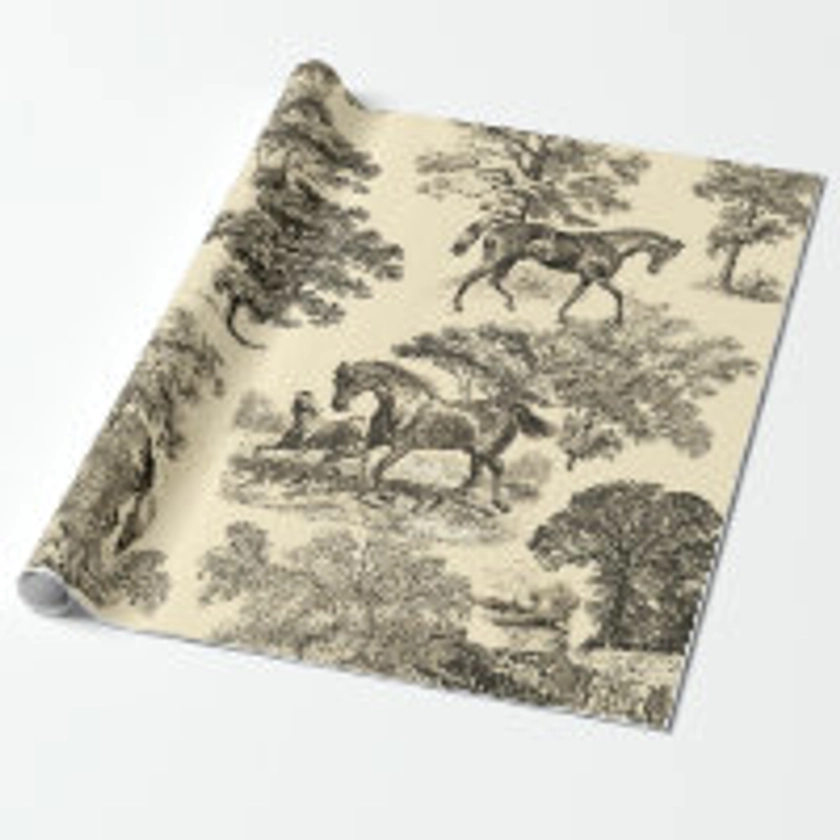 Elegant Rustic Horses Trees Beige Toile Seamless Wrapping Paper | Zazzle
