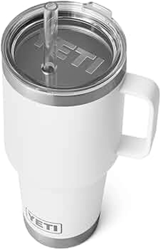 YETI Rambler 35 oz Tumbler with Handle and Straw Lid, Travel Mug Water Tumbler, Vacuum Insulated Cup with Handle, Stainless Steel, White