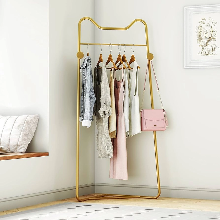 Gold Metal Corner Coat Rack, Modern Clothing Rack Hall Tree with 2 Hooks for Clothes Hat Scarf, Freestanding Clothes Rack for Hallway Entryway, Bedroom, Living Room