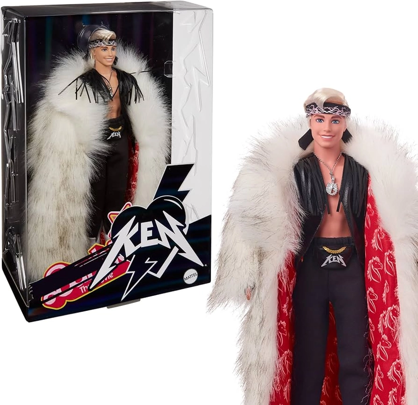 Barbie The Movie Collectible Ken Doll Wearing Big Faux Fur Coat and Black Fringe Vest with Bandana, HRF31