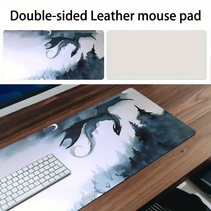 Double-Sided Cool Watercolor Dragon Mouse Pad, PU Large Forest Desk Mat For Office And Home, Non-Slip Waterproof Easy To Clean