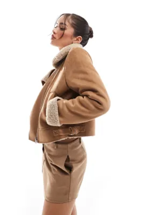 Stradivarius borg lined biker jacket in camel