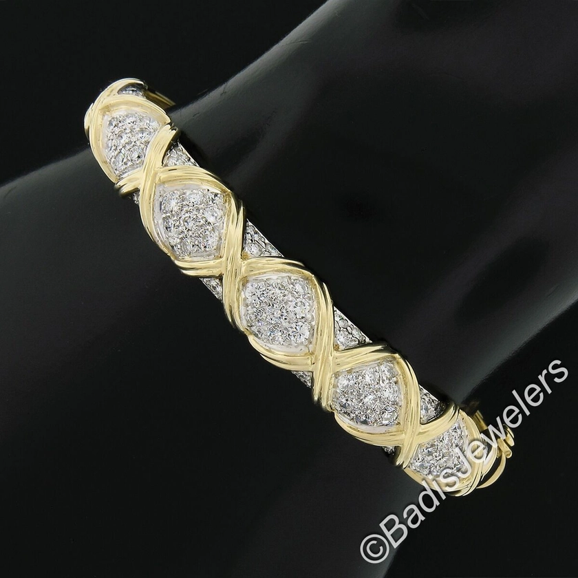 Estate 14k Yellow Gold 2.65ct Round Pave Diamond Figure X Hinged Bangle Bracelet