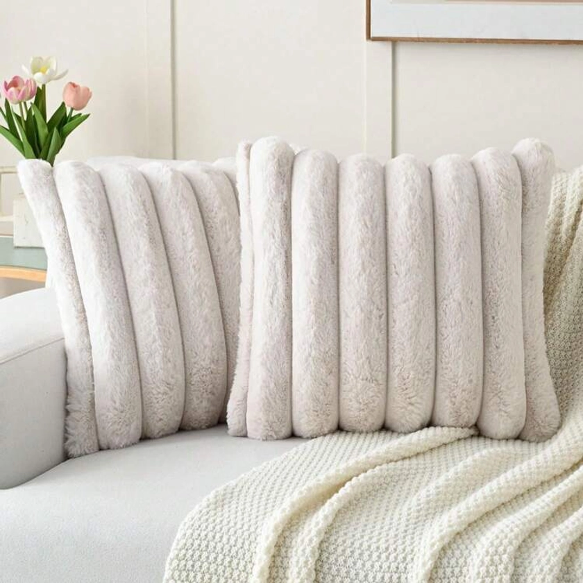 1pc Solid Color Cushion Cover Without Filler, Soft Faux Rabbit Fur Big Striped Cushion Cover, For Living Room Sofa