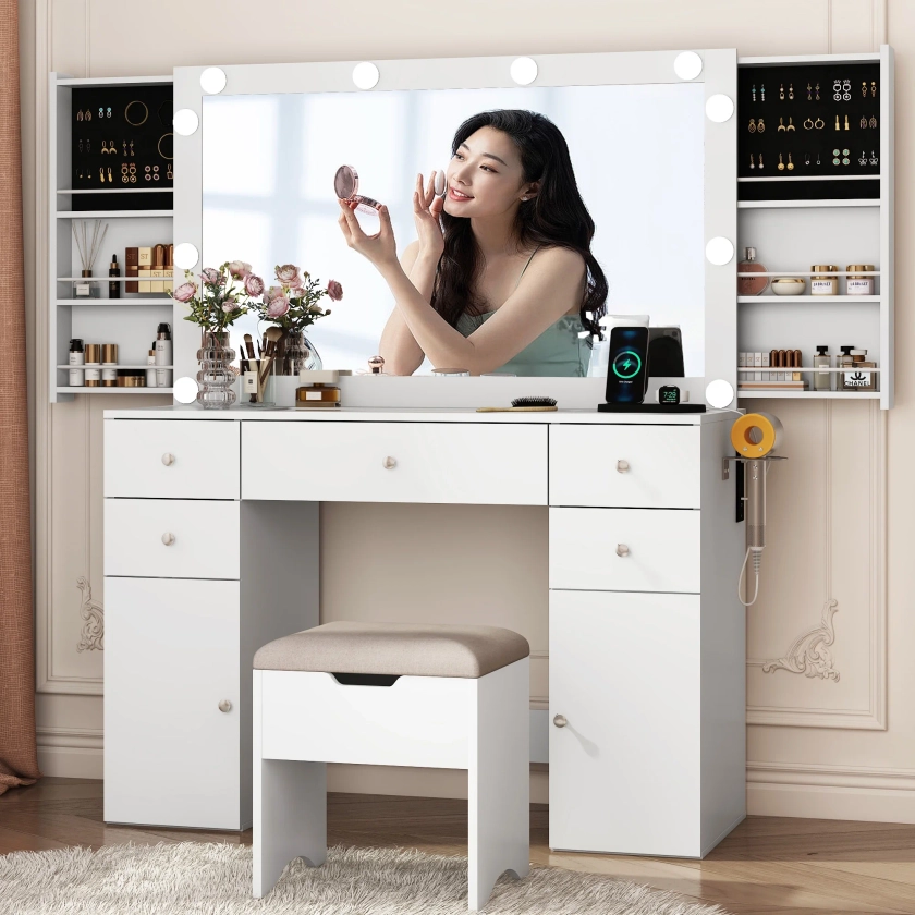 White Makeup Vanity Desk with Lighted Mirror & Power Outlet, Vanity Table with Glass Top & Drawers, Sliding Storage, Vanity Set with Storage Stool