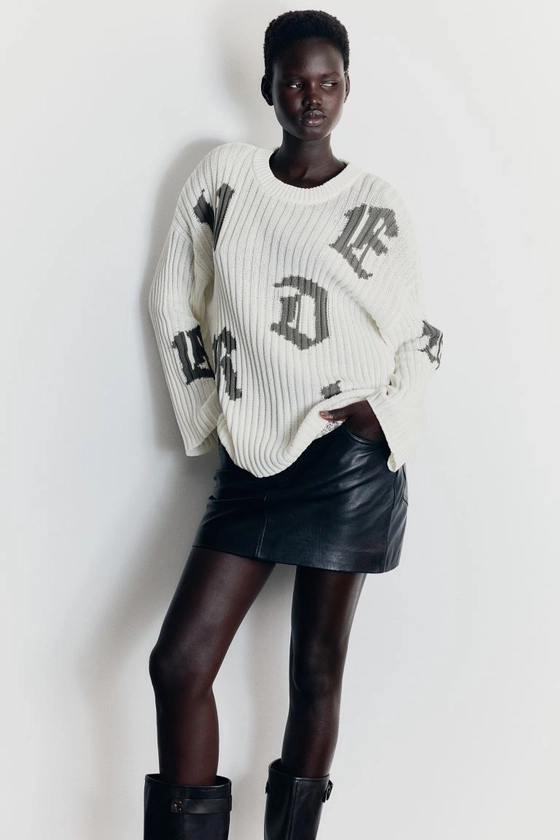 Jacquard-knit Sweater - Round Neck - Long sleeve - Cream/Gothic letters - Ladies | H&M US