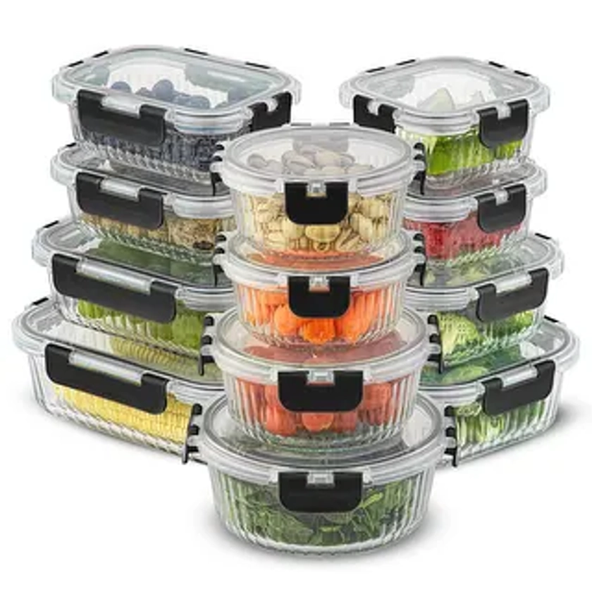 JoyJolt 24-Piece Fluted Glass Food Storage Container Set with Lids - 13.5 oz. 20.5 oz. 32 oz. 5.2 in. 5.9 in. 6.75 in. | Overstock.com Shopping - The Best Deals on Kitchen & Pantry Storage | 43087798