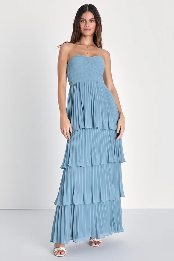 Seriously Sensational Light Blue Strapless Tiered Maxi Dress