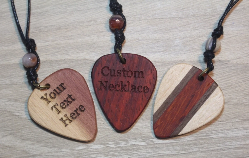Wood Guitar Pick Necklace - Custom Necklace - Engraved Necklace - Guitar Pick Necklace
