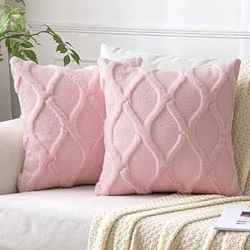 MIULEE Light Pink Decorative Throw Pillow Covers 20x20 Inch Set of 2, Soft Plush Faux Wool Couch Pillow Covers Farmhouse Throw Pillows for Couch Bed Sofa Living Room