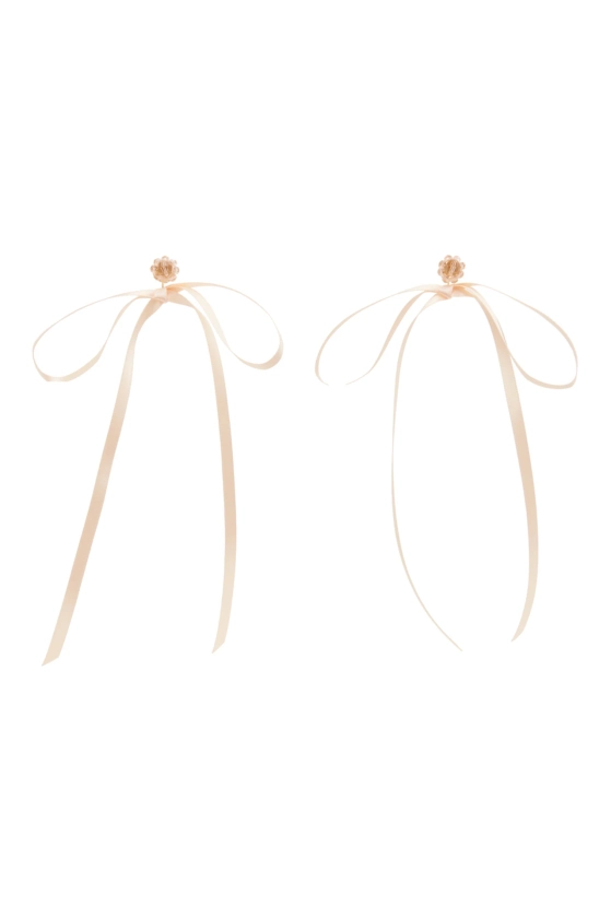 Beige & Pink Bow Ribbon Stud Earrings