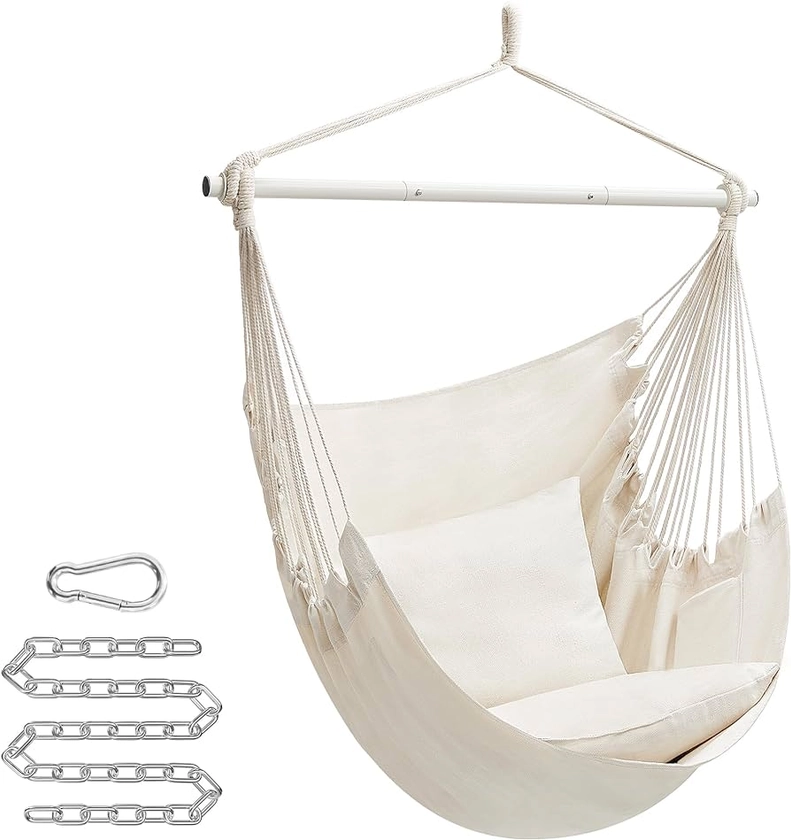 Amazon.com: SONGMICS Hammock Chair, Hanging Chair with 2 Cushions, Large Hammock Swing with Chain and Pocket, Load Capacity 330 lb, for Indoor, Outdoor, Living Room, Bedroom, Cream White UGDC197M01 : Patio, Lawn & Garden
