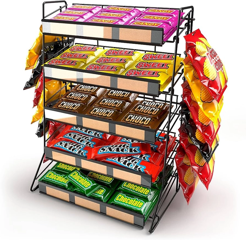 5 Tier Candy Display Rack, Large Snack Organizer For Countertop, Home Theatre Portable Concession Stand Snack Display, Black Metal Shelf With 12 Clips