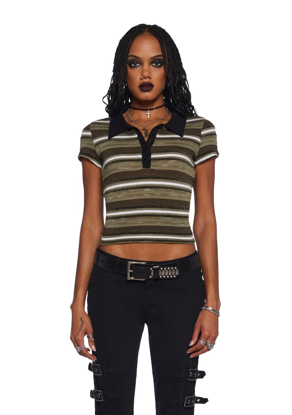 Widow Grunge Stretchy Ribbed Knit Striped Cropped Collared Short Sleeve Top - Multi