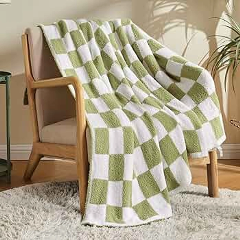 Fuzzy Checkered Blanket, Throw Blanket for Couch Bed Sofa Travel Camping,Soft Plaid Decorative Throw Blanket for All Seasion 51''x63'' (Sage Green)