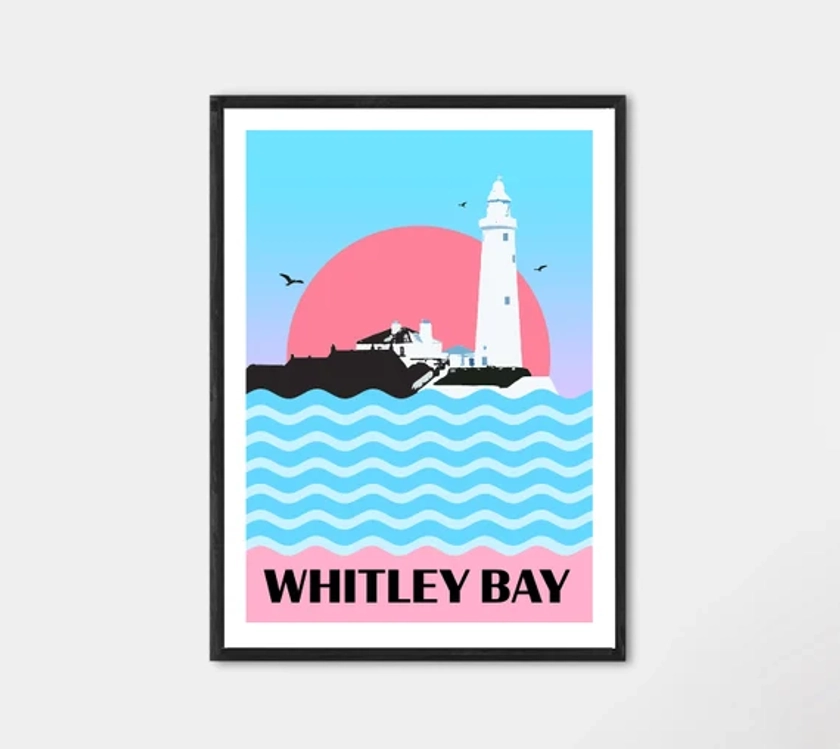 Whitley Bay Retro Style Travel Poster Print, St Mary&#39;s Light House Print, North East Newcastle Upon Tyne Wall Art, England UK Tourist Print
