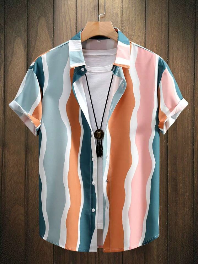 Men's Striped Printed Short Sleeve Shirt