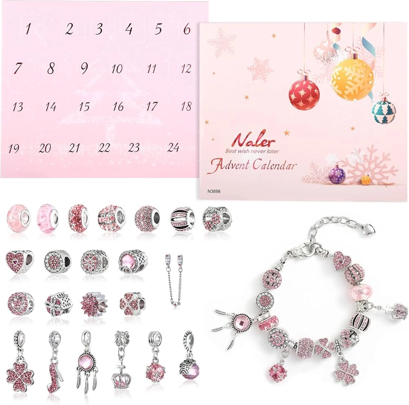 Naler Calendrier de l'Avent 2024 Femme Noël, Kit de Bijoux Bracelet Collier DIY Perles Européennes pour Enfant Fille, Bijoux Charmes Bracelet Perles 24 Pièces Rose : Amazon.fr: Livres