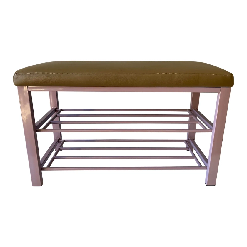 Vintage Modern Bench With Leather Cushion and Storage Shelf