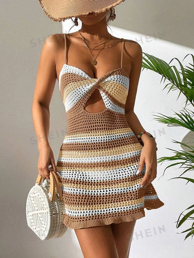 SHEIN VCAY Casual Women's Twisted Design Colorblock Striped Printed Hollow Out Summer Cami Dress