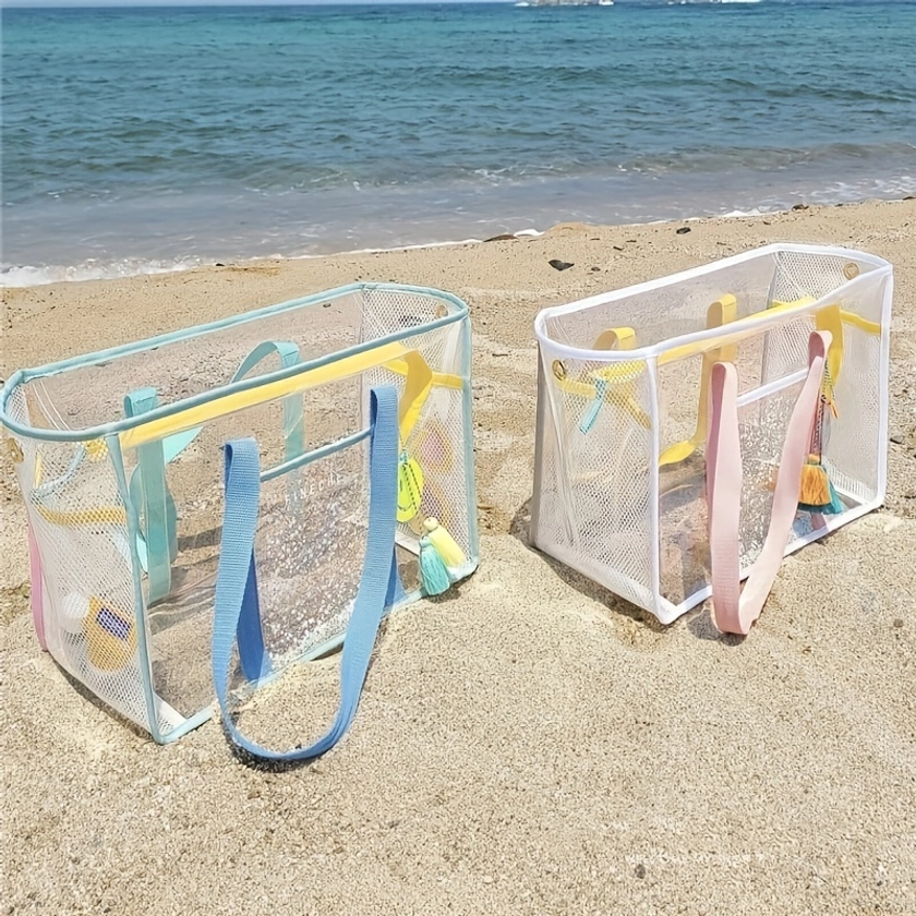 Clear Mesh Large Capacity Tote Beach Bag, PVC Waterproof Sandproof Storage Bag, Beach Sports Toys Tote Bag