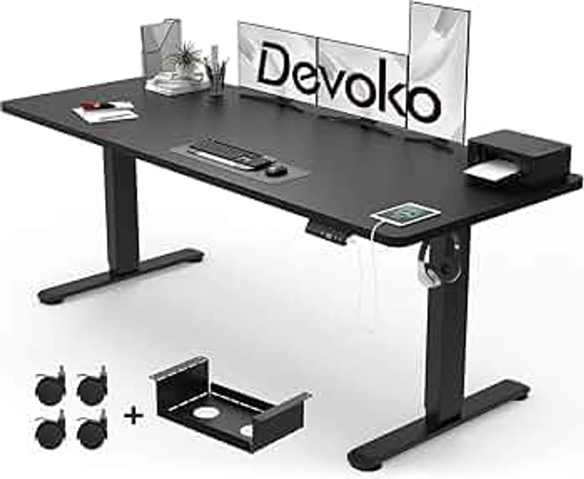 Devoko Electric Standing Desk 160x80cm with USB Charging Height Adjustable Desk with Desktop Sit Stand Up Desk Heavy Duty Steel 3 Memory Smart Pannel(Black)