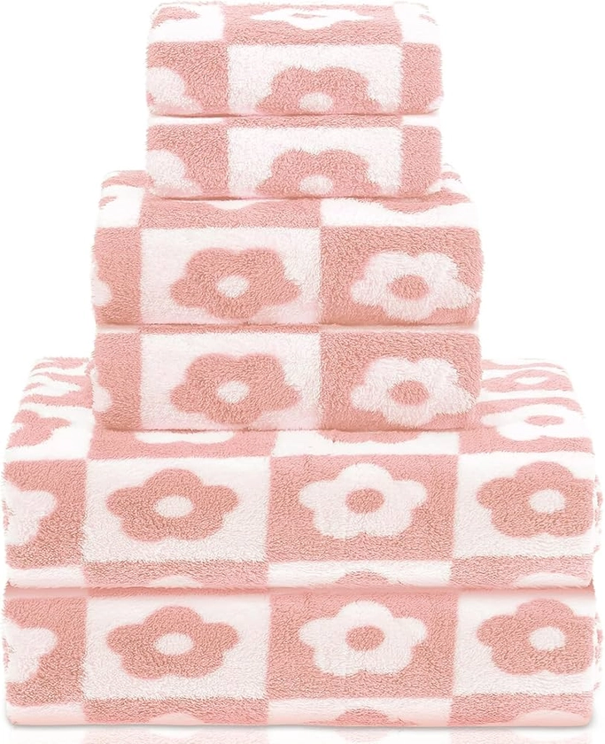 Amazon.com: Kinlop 6 Pcs Bath Towel Set 2 Bath Towel 2 Hand Towel 2 Washcloth Soft Quick Dry Lightweight Coral Fleece Bathroom Towel Set for Bathroom Home Gym Spa Beach Accessories(Pink,Flower) : Home & Kitchen