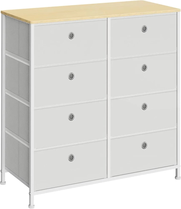 SONGMICS Commode, Meuble de Rangement avec 8 Tiroirs en Tissu, Meuble à Tiroirs avec Cadre Métallique, Plateau, pour Chambre, Dressing, Blanc Crème et Couleur Chêne LTS024W57