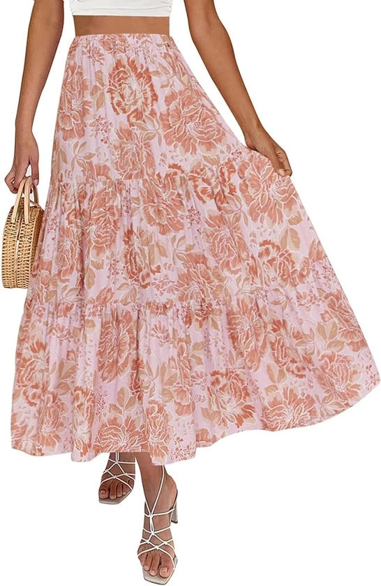 ZESICA Women's 2024 Summer Plaid Flower Print Elastic High Waist Flowy A Line Maxi Skirt with Pockets