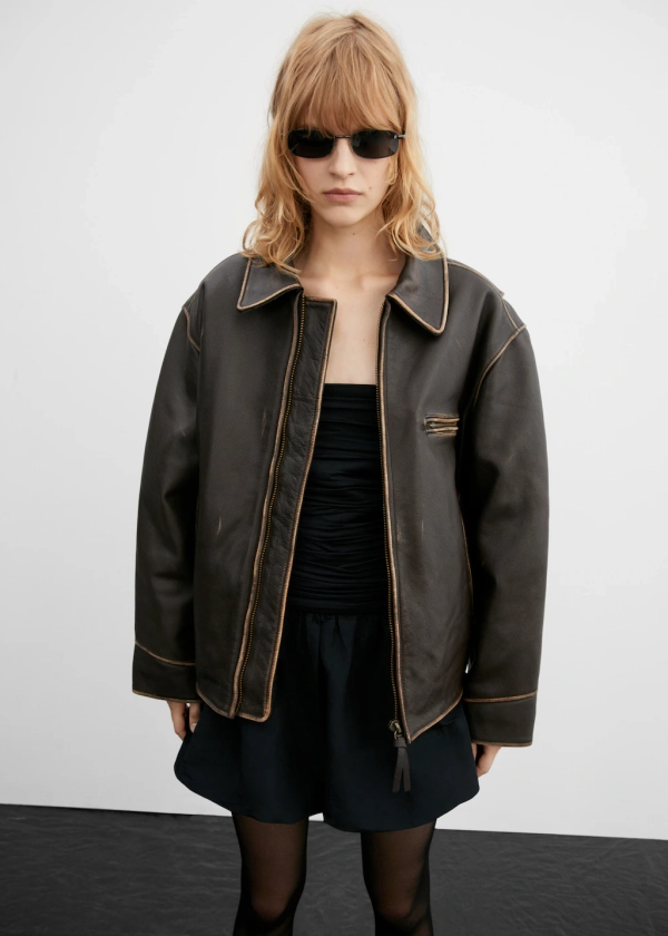 Veste cuir effet usé oversize - Femme | MANGO OUTLET France métropolitaine